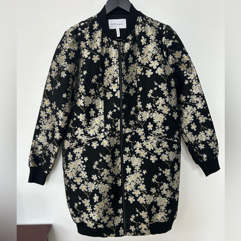 BCBGeneration Floral Metallic Bomber Jacket Black Gold Women’s Small